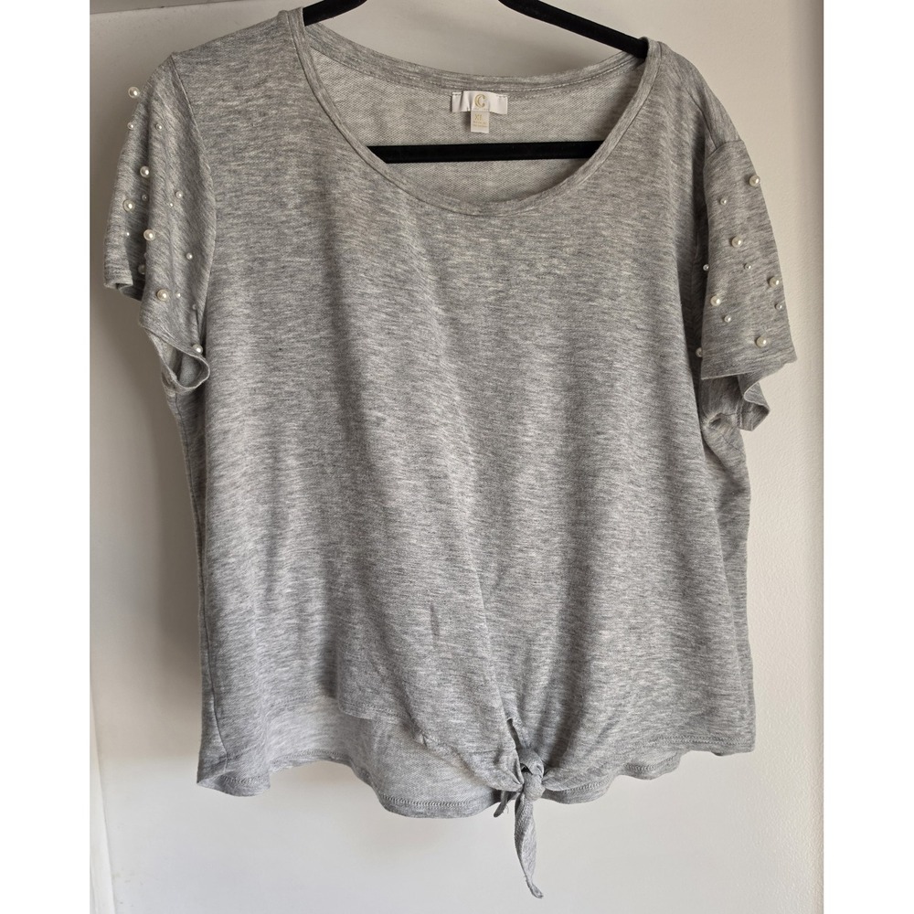 C T-Shirt Women XL Grey Round Neck Pearl Short Sleeve Casual Top Tee Front Tie